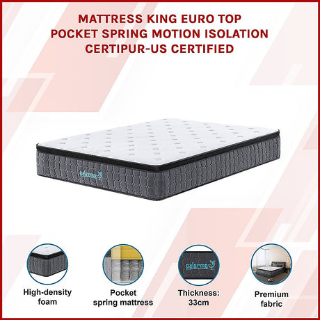 Euro top pocket spring mattress with CertiPUR-US foam, 33cm King