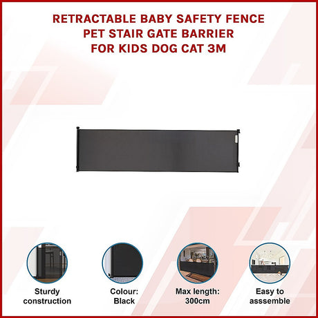 Retractable mesh baby safety gate in black