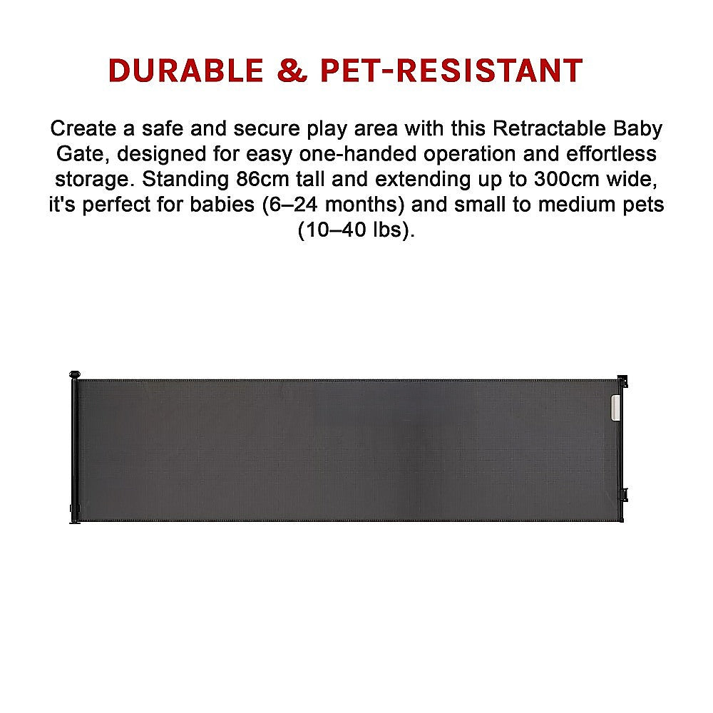 Retractable mesh baby safety gate in black