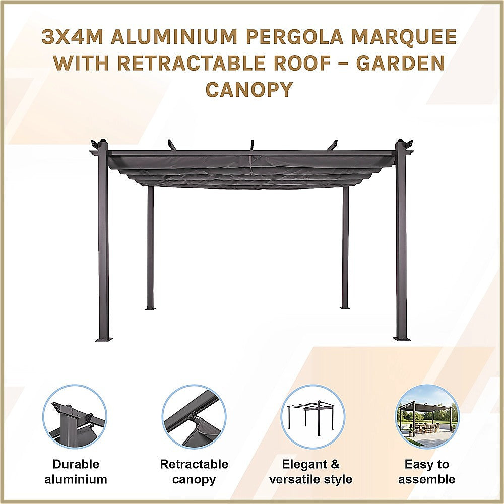Pergola with the canopy retracted showing the open aluminium frame
