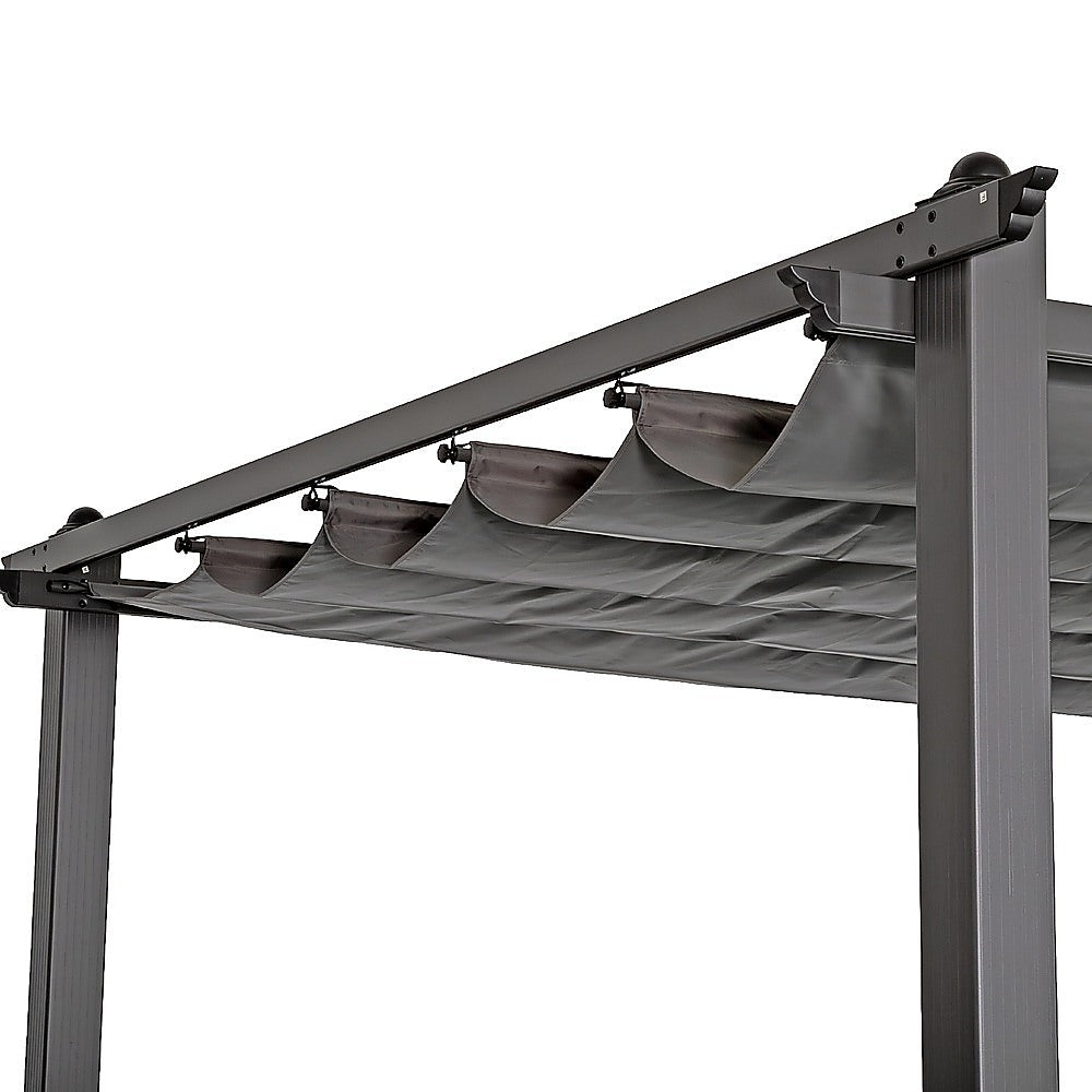 Side profile of the pergola showing the slanted roof line