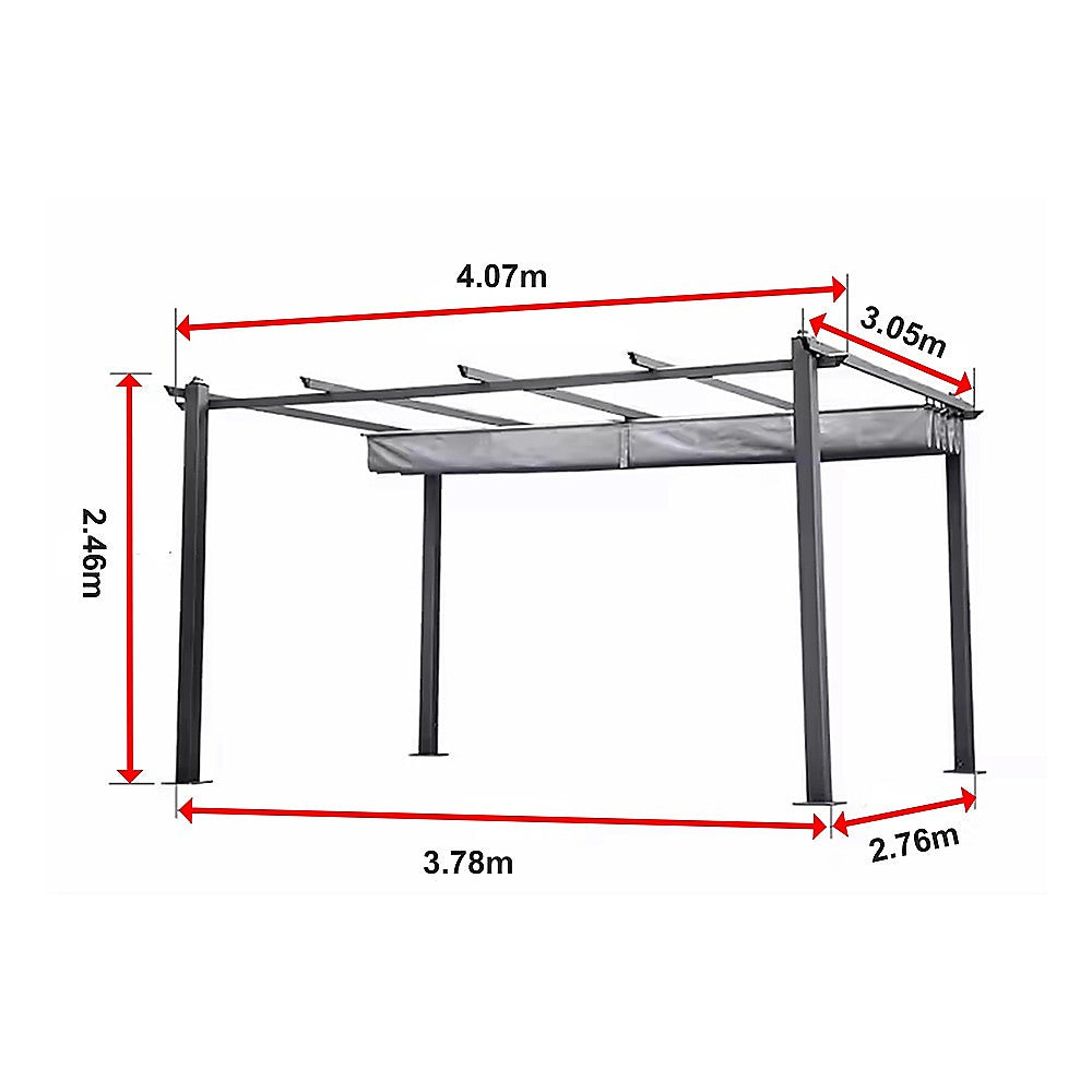 Pergola frame components and hardware laid out before assembly