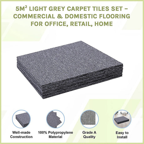 Zahara Carpet Tiles, 50 x 50cm, Light Grey, 20pcs