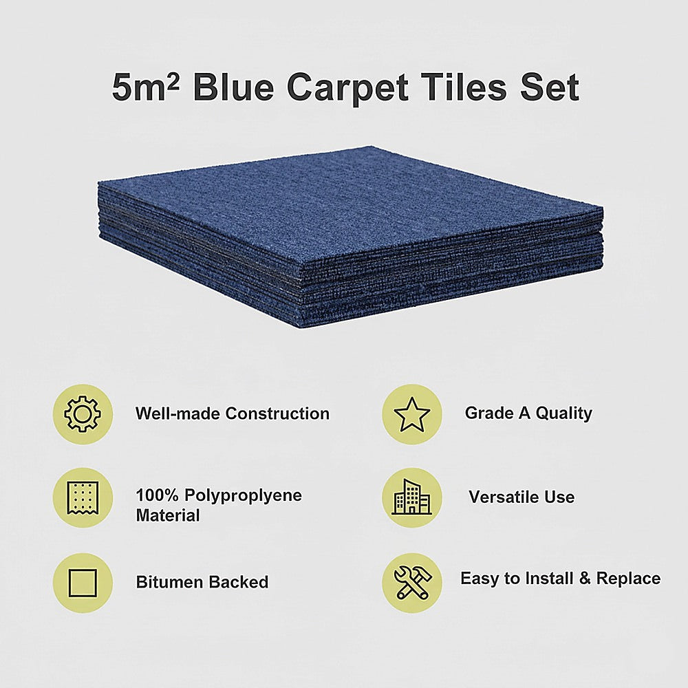 Zahara Carpet Tiles, 50 x 50cm, Blue, 20pcs