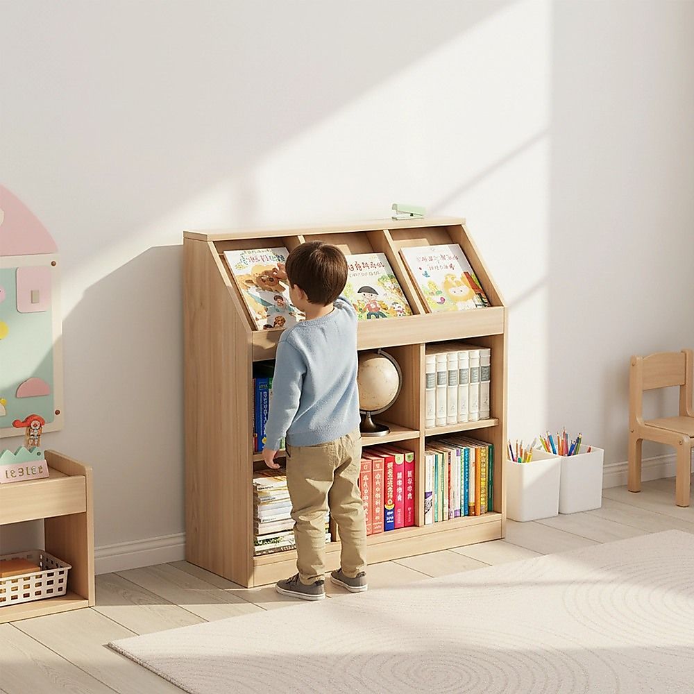 Light oak slanted top bookcase with open shelves