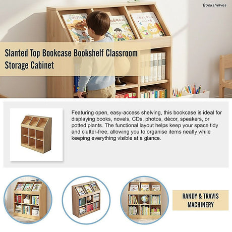 Light oak slanted top bookcase with open shelves