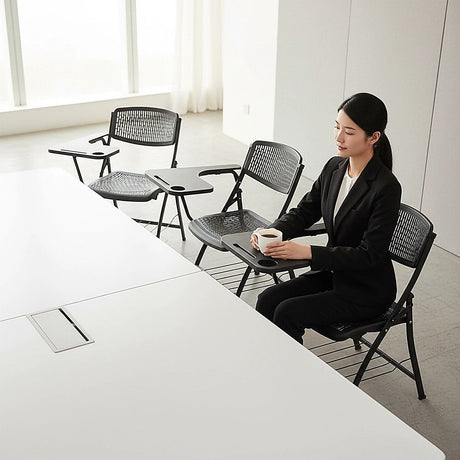 Nannup black folding lecture chair with writing tablet