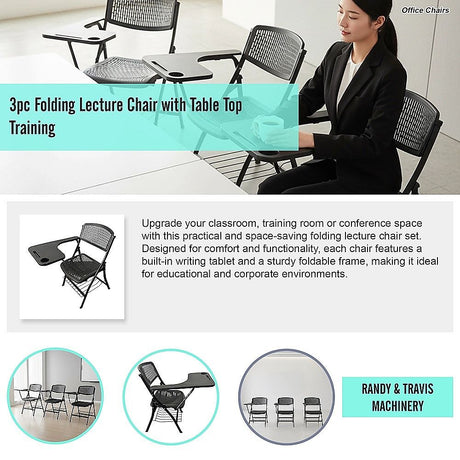 Nannup black folding lecture chair with writing tablet