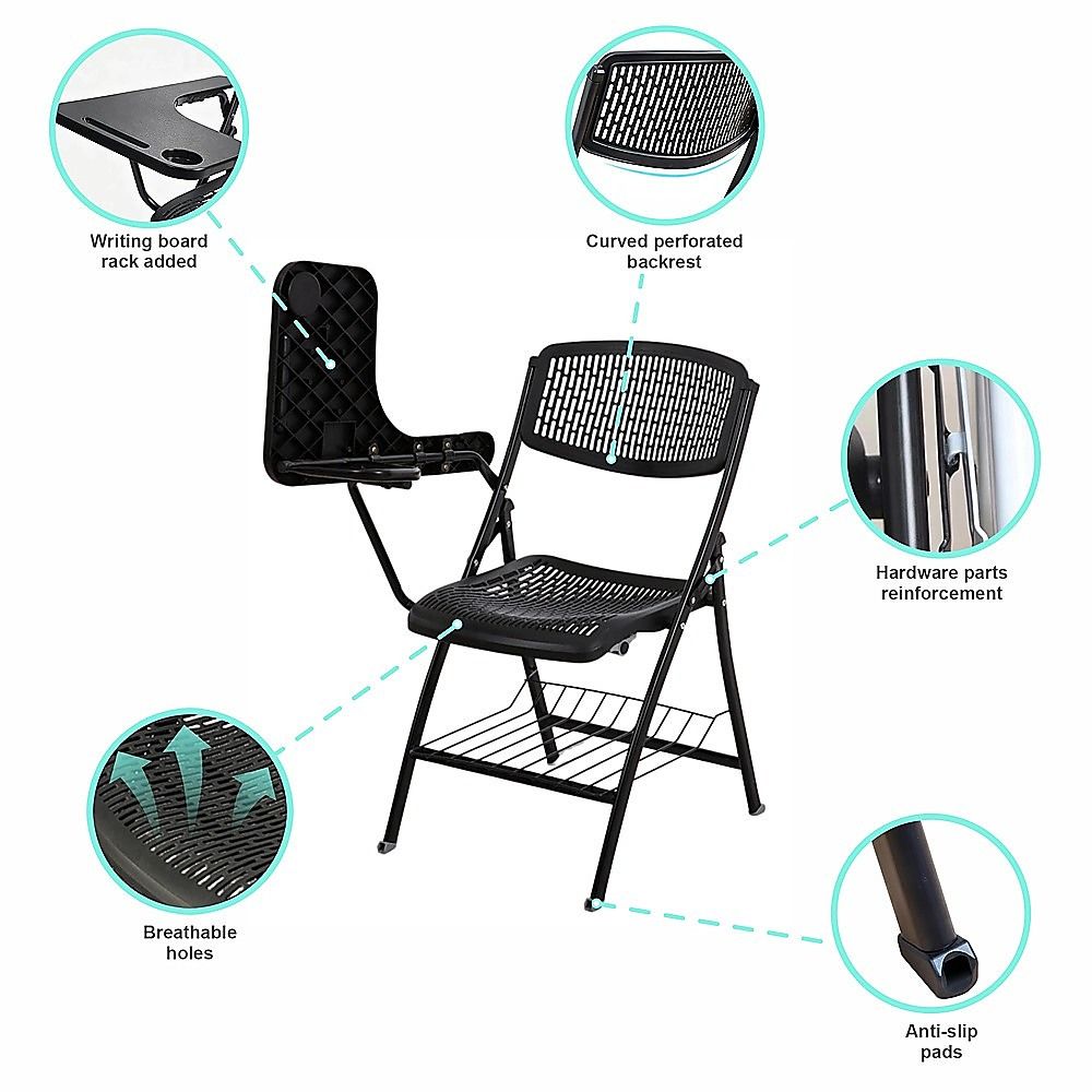 Nannup black folding lecture chair with writing tablet