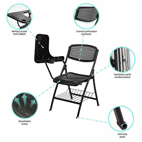 Nannup black folding lecture chair with writing tablet
