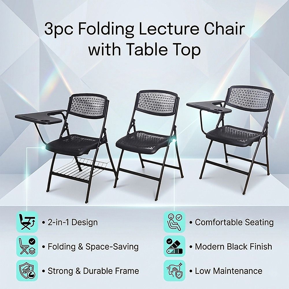 Nannup black folding lecture chair with writing tablet