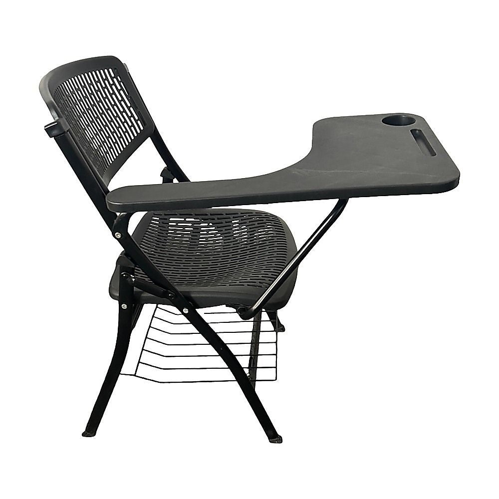 Nannup black folding lecture chair with writing tablet