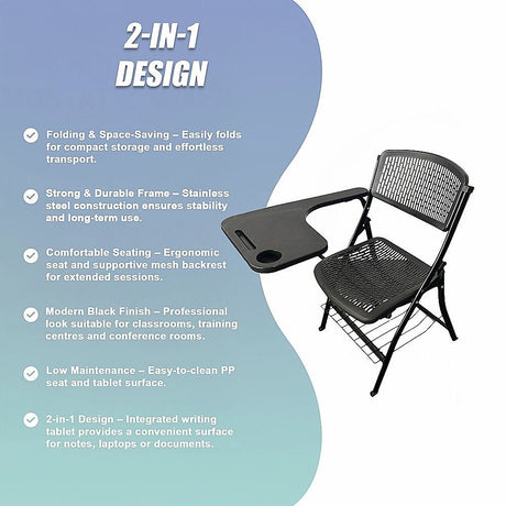 Nannup black folding lecture chair with writing tablet