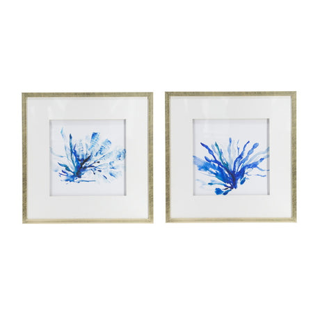 Set of two blue coral prints in square champagne coloured frames, 56 cm, hanging side by side on a wall