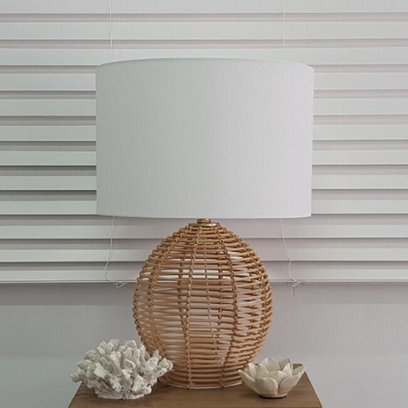 Rattan ball table lamp with white drum shade