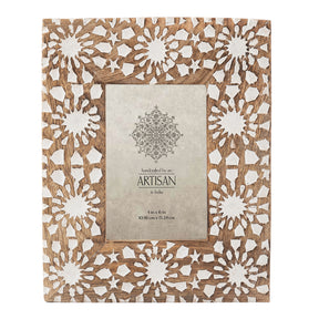 Metung handcrafted sunflower wooden photo frame with rustic distressed finish on a shelf