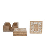 Handcrafted Carved 4pc Coaster Set in Holder 13cm