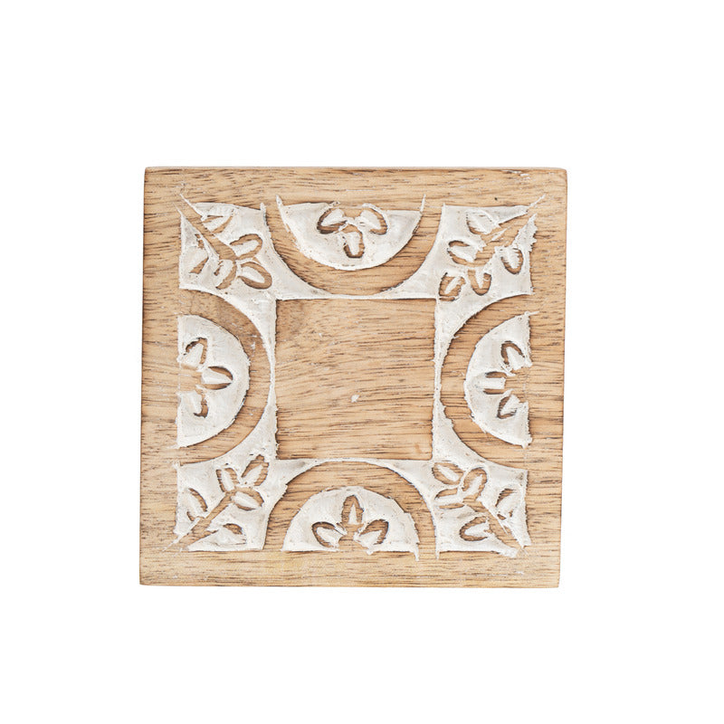 Handcrafted Carved 4pc Coaster Set in Holder 13cm