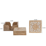 Handcrafted Carved 4pc Coaster Set in Holder 13cm