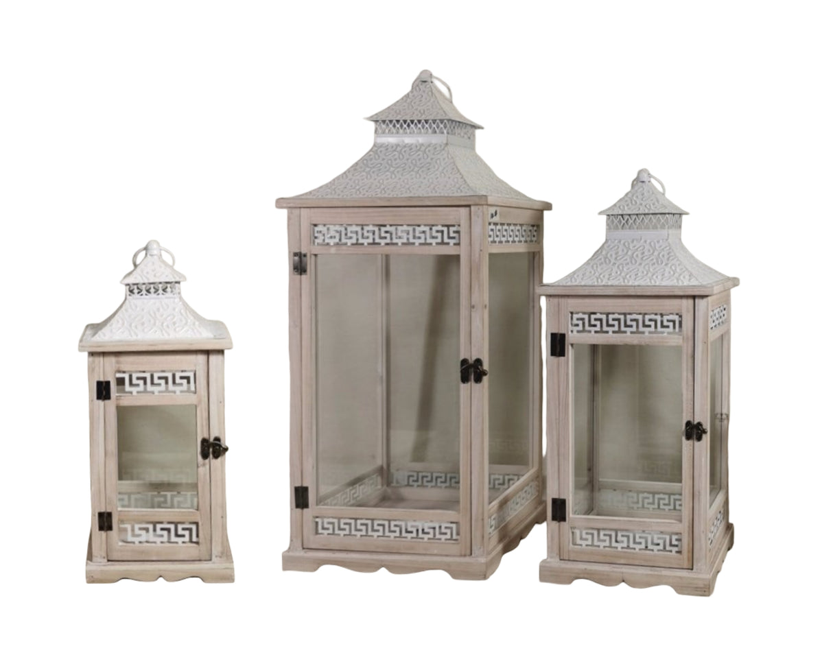 Set of three Aegean style wooden lanterns in natural and white with glass side panels