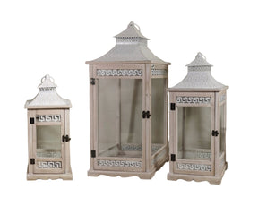 Set of three Aegean style wooden lanterns in natural and white with glass side panels