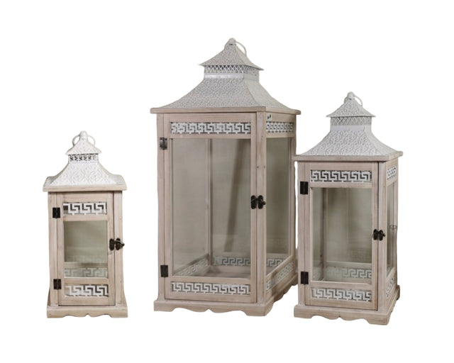 Set of three Aegean style wooden lanterns in natural and white with glass side panels