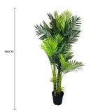 Full height view of the multi trunk faux palm showing long arching green fronds