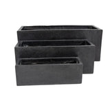 Set of three graduating black terrazzo concrete rectangular planters