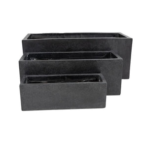 Set of three graduating black terrazzo concrete rectangular planters