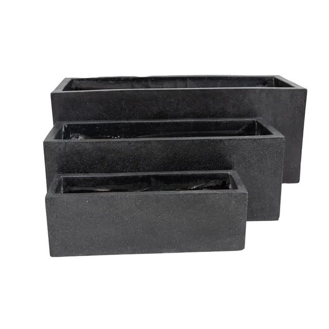 Set of three graduating black terrazzo concrete rectangular planters