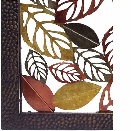 Detail of the layered metal leaf forms and multi colour finish on the wall art panel