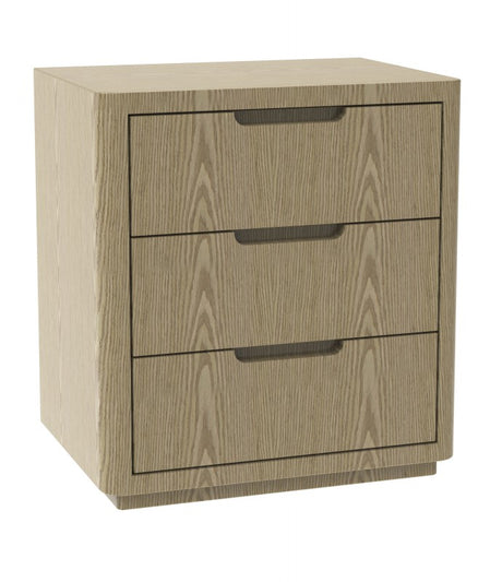 Crato tall oak veneer bedside table with drawer storage beside a bed