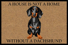 Dachshund themed welcome doormat with non slip backing at a front door