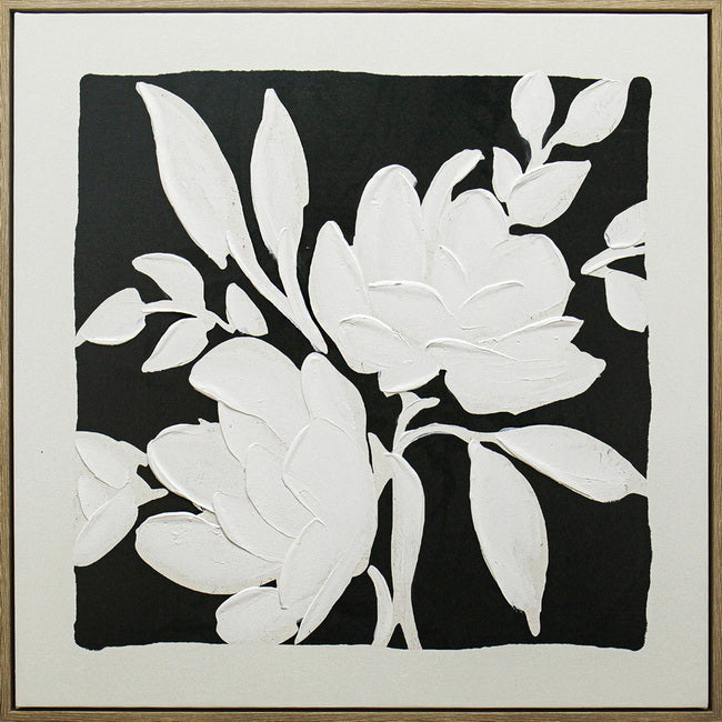 Bold monochrome black and white blooms on a square painted panel in a natural wood frame, companion piece