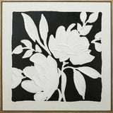 Bold monochrome black and white blooms on a square painted panel in a natural wood frame, companion piece