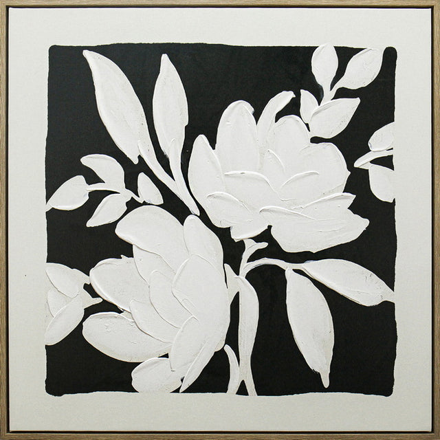 Bold monochrome black and white blooms on a square painted panel in a natural wood frame, companion piece