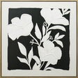 Bold monochrome black and white blooms on a square painted panel in a natural wood frame