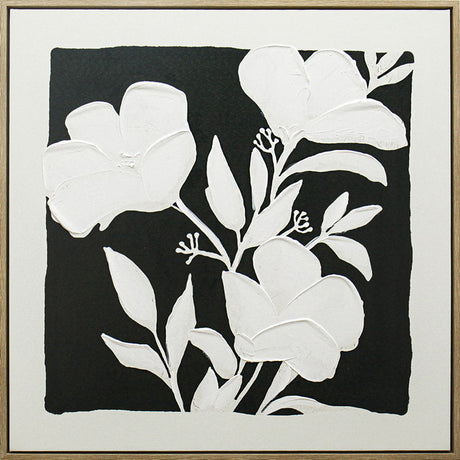 Square 80 cm framed painted floral artwork in black and white with a natural wooden frame