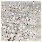 Delicate blossom canvas print in a warm natural wood frame