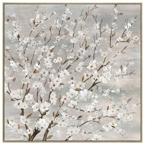 Delicate blossom canvas print in a warm natural wood frame
