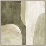 Bold green abstract with expressive brushwork on a square painted panel framed on timber
