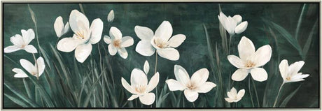 Wide 150 x 50 cm framed painted artwork of blooming multi colour flowers in a timber frame