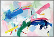 Playful colourful abstract on a wide landscape painted panel on timber for a lively room