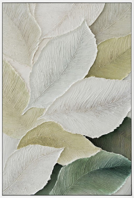 Organic Leaves framed wall art 120 cm, multi colour painted leaf artwork in a slim MDF frame