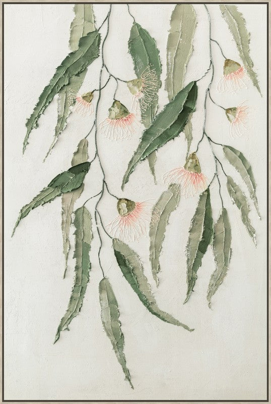 Eucalyptus botanical study in silvery green tones on a portrait painted panel framed on timber