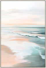 Serene coastal waterscape in soft aqua and sand tones on a portrait painted panel framed on timber