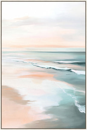 Serene coastal waterscape in soft aqua and sand tones on a portrait painted panel framed on timber