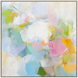 Vibrant colourful abstract full of joyful energy on a square painted panel framed on timber