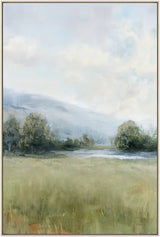 Calm rural landscape with open paddock and sky in sun bleached tones on a portrait painted panel framed on timber