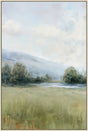 Calm rural landscape with open paddock and sky in sun bleached tones on a portrait painted panel framed on timber